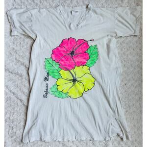 Vintage 80s Hibiscus Floral Bahama Mama White Cotton Oversized Night Shirt